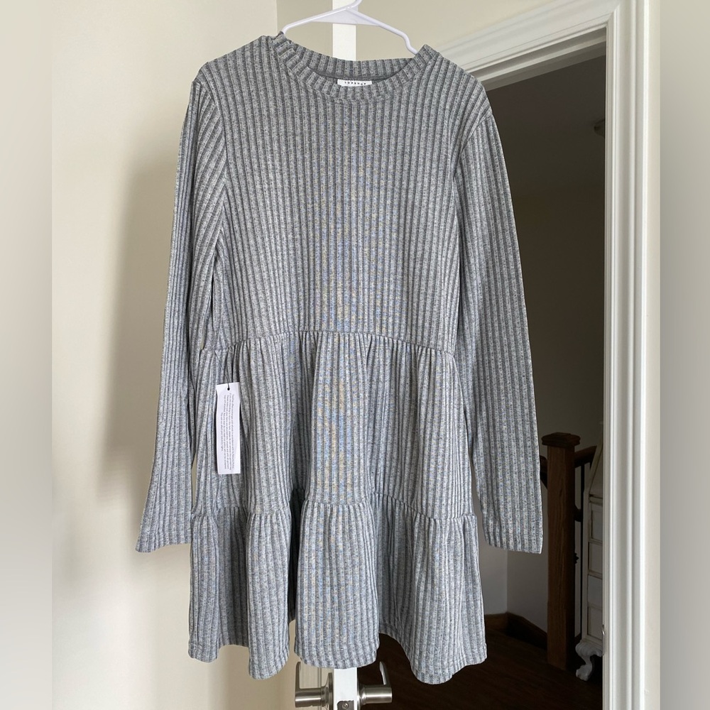 Topshop Size 12 Grey Ribbed Knit Long Sleeve Mini Dress